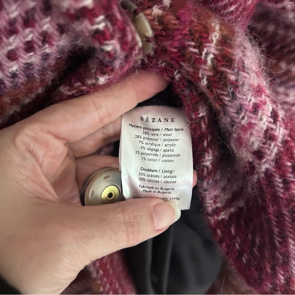 Sézane Joe Shawl Wool Blend Coat in Burgundy and Pink Tartan Sz 38 US 6 - Picture 6 of 10